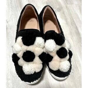 UGG Women Black White Pom Pom Cozy Slip On Loafer Shoes Flats Size 7